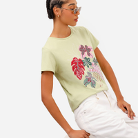 Camiseta feminina de algodão floral verde