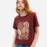 Camiseta feminina de algodão folhagens metalizada vinho