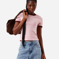 Blusa baby look feminina de algodão básica bicolor rosa
