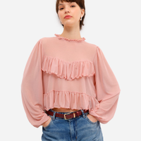 Bata feminina de tule manga bufante com babados rosa