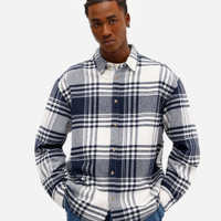 Camisa masculina de algodão manga longa xadrez azul