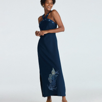 Vestido halterneck feminino com linho e bordados azul