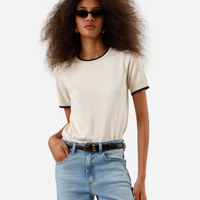Blusa manga curta regular friso contrastante bege