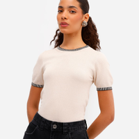 Blusa feminina de tricot manga curta bege