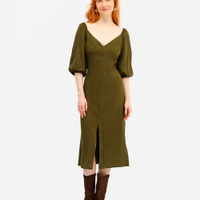 Vestido midi feminino de viscose com fenda verde
