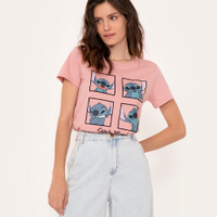 Camiseta de algodão manga curta stitch rosa