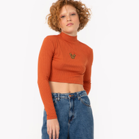 Blusa cropped de malha canelada Mickey mangas longas laranja escuro