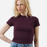 Blusa feminina de malha canelada manga curta fru fru roxa