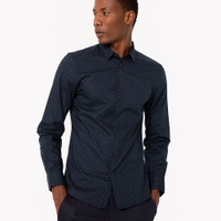 Camisa de algodão slim poá manga longa azul marinho