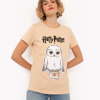Camiseta de algodão harry potter flocada manga curta bege claro
