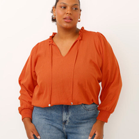 Blusa plus size decote v manga longa bufante laranja