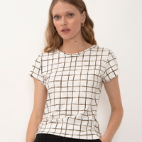 Blusa de viscose quadriculada com botões manga curta off white