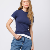 Camiseta baby tee feminina de algodão com sobreposição mindset azul