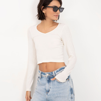 Cropped canelado decote v manga longa off white