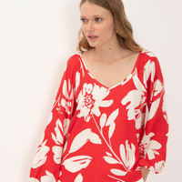 Blusa de viscose floral manga longa com elástico vermelho escuro