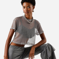 Cropped de tela manga curta com brilho lurex cinza