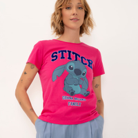 Camiseta de algodão stitch manga curta rosa