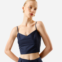 Cropped feminino de alfaitaria alça fina risca de giz azul
