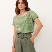 Camiseta de algodão manga curta folhagem verde