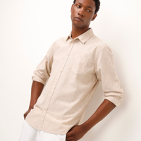 Camisa comfort com linho manga longa bege