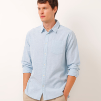 Camisa comfort com linho manga longa azul