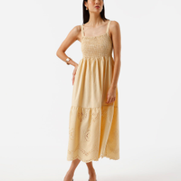 Vestido midi alça fina feminino de algodão com recorte bordado amarelo