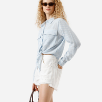 Camisa feminina manga longa amarração listrada azul