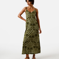 Vestido midi feminino de viscose alça fina com fendas folhagens verde