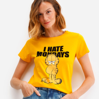 Camiseta feminina de algodão garfield amarela