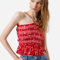 Blusa alça fina feminina de algodão franzida floral vermelha