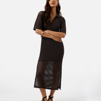 Vestido midi feminino de tricot gola polo marrom