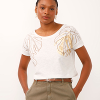 Camiseta de algodão manga curta folhagem metalizada off white