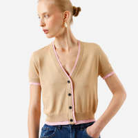 Blusa feminina de tricot manga curta bicolor bege