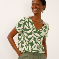 Blusa de viscose decote v com botões folhagem verde