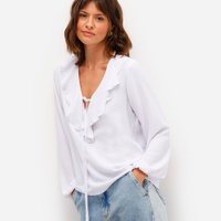 Bata feminina manga bufante com babado texturizada off white