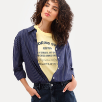 Camisa oversized feminina de algodão listrada azul