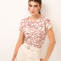 Blusa de viscose abstrata manga curta bege