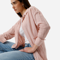 Camisa com linho manga longa listrada rosa