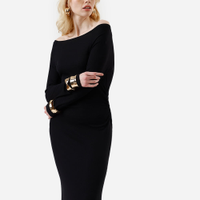 Vestido midi feminino de viscose ombro a ombro manga longa canelado preto