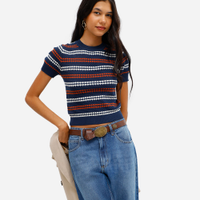 Blusa feminina de tricot manga curta texturizada listrada azul