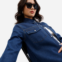 Camisa feminina jeans manga longa azul