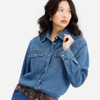 Camisa feminina jeans manga longa azul
