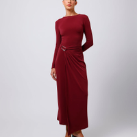 Vestido midi feminino manga longa com fenda vinho