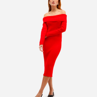 Vestido ombro a ombro feminino de tricot canelado vermelho