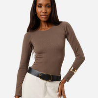 Body feminino de poliamida manga longa canelado marrom