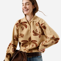 Suéter feminino de tricot com gola folhagens bege