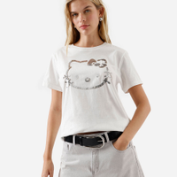 Camiseta feminina de algodão bordada paetê hello kitty off white