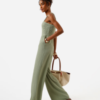 Macacão wide leg feminino texturizado com lastex verde