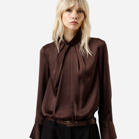 Blusa feminina com pregas manga longa acetinada marrom