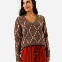 Suéter feminino de tricot decote v xadrez argyle marrom
